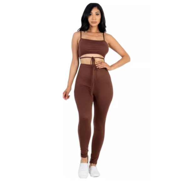 Women's Tie Front Cut Out Jumpsuit in Stretch Jersey - Downtown Brown - Picture 1 of 2